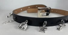Vintage Streets Ahead Black Leather Belt w/ Silver Charms – Star, Key, Elephant 