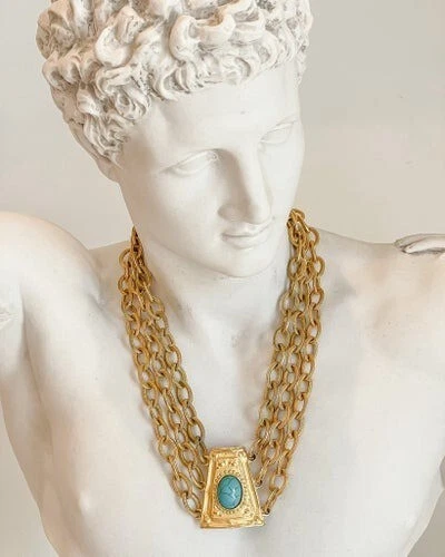 Autentico set vintage Givenchy placcato oro 18kt con collana cabochon turchese