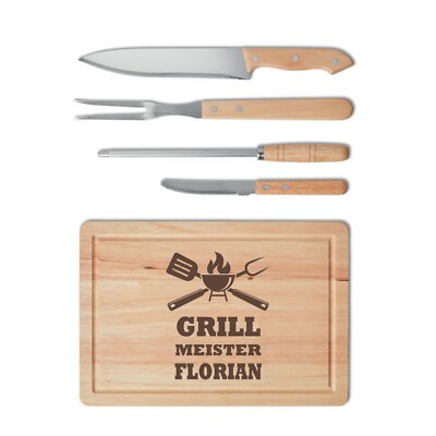 BBQ-Set 4tlg.mit persönlicher Gravur aus Holz Schneidebrett Grillgabel Messer