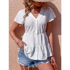 Button Front Eyelet Flutter Sleeve Tiered Blouse