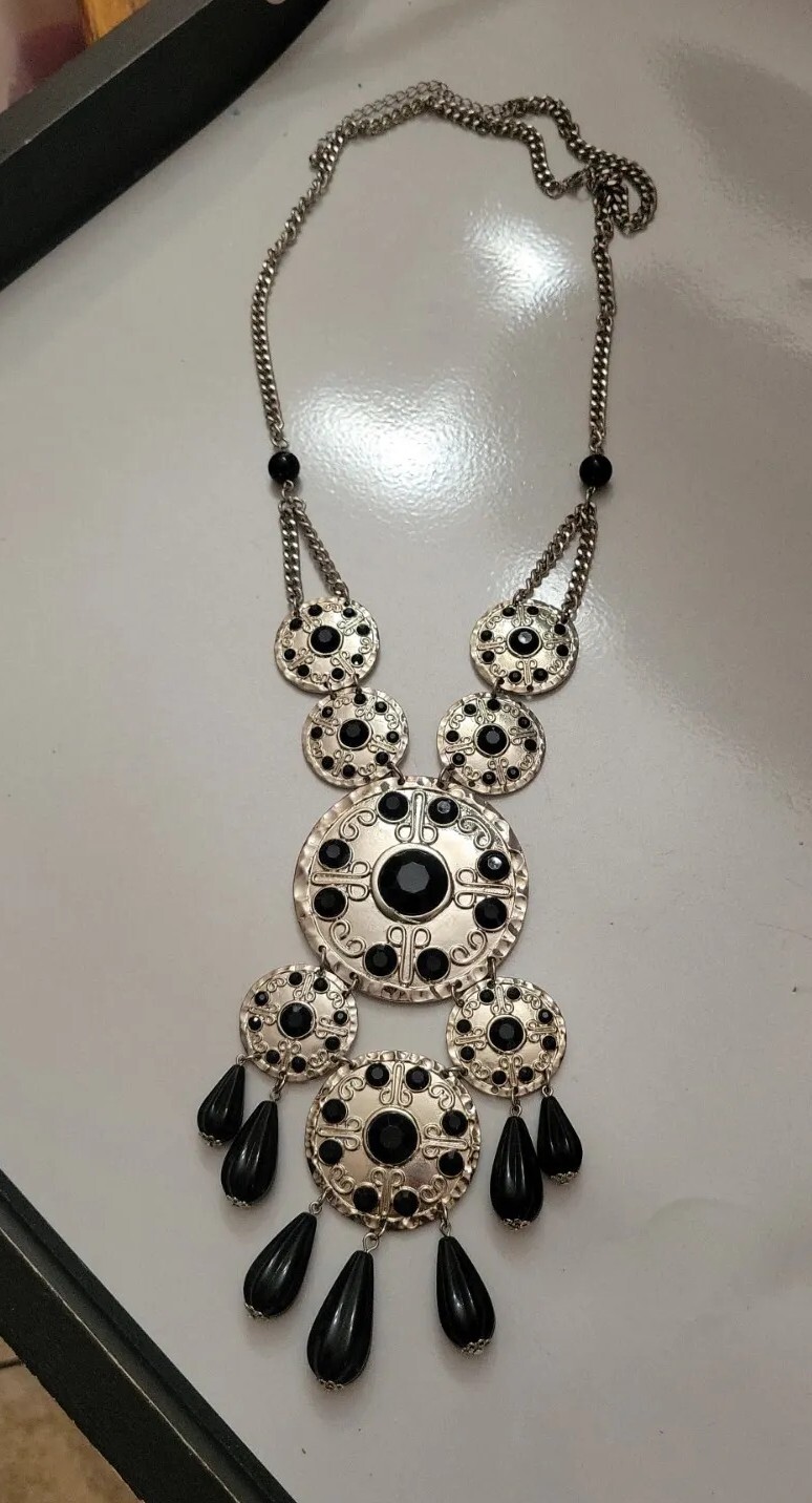 Silver And Black Rhinestone Statement Necklace 32… - image 2