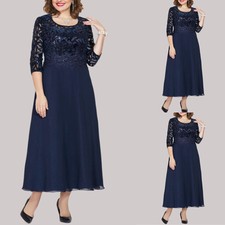 Übergröße Damen Chiffon Sommerkleid 3/4 Ärmel Spitze Partykleid A-Linie-Kleid DE