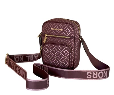#ad MICHAEL KORS JET SET ITEM MDCROSSBODY FLIGHT BAG GRAPHIC LOGO MK GLITTER OXBLOOD $69.80