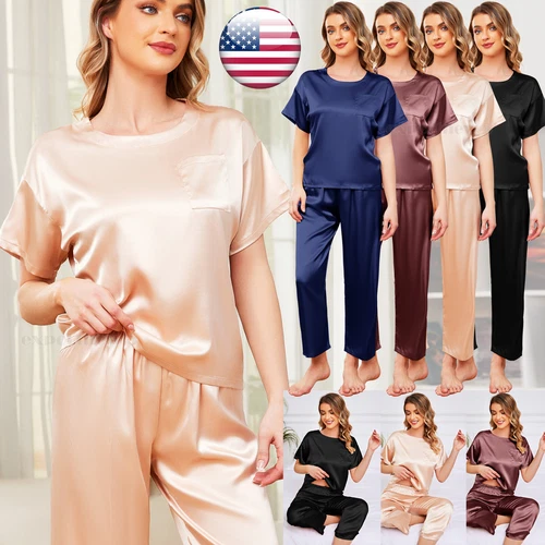 Silk Pajamas for Women Short Sleeve Satin Sleepwear Two Piece Pj Sets Loungewear
