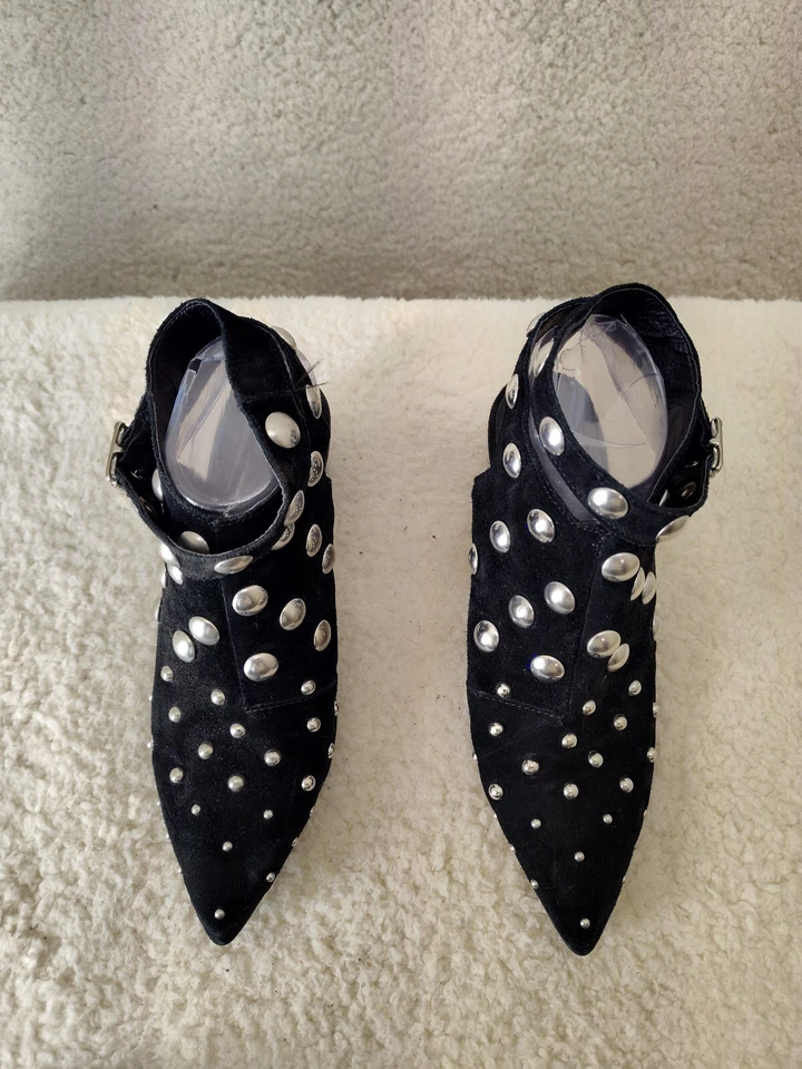 TopShop Mujeres Tacones 38 Negro Gamuza Tachonado Punta Envoltura Bloque Botines Zapatos Foto 3 de 4