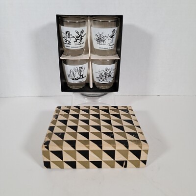 Set of 4  Anchor Hocking Shot Glasses B&W Cartoon Illustrations Vintage 1960s