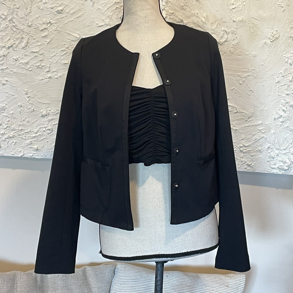 BODEN Smart Jacket UK FLORAL Lined BLACK Office Work SATIN Piping Sz