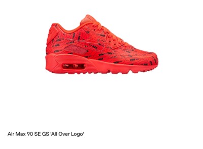 SIZE 6.5Y NIKE AIR MAX 90 SE LTR (GS) 859560 600 Low All Over Logo