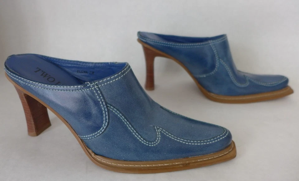 Zapato DOS LABIOS Talla 7M Cuero Azul Western Mules Punta ELENA Hecho en Brasil Foto 3 de 4