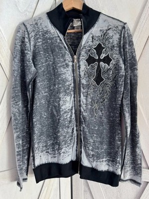 New Vocal Apparel Womens Rhinestone Gray Black Burnout Cross Jacket M Medium