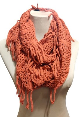 Rust Crochet Infinity Scarf Open Weave Fringe Loop Boho Desertcore Fall Layering