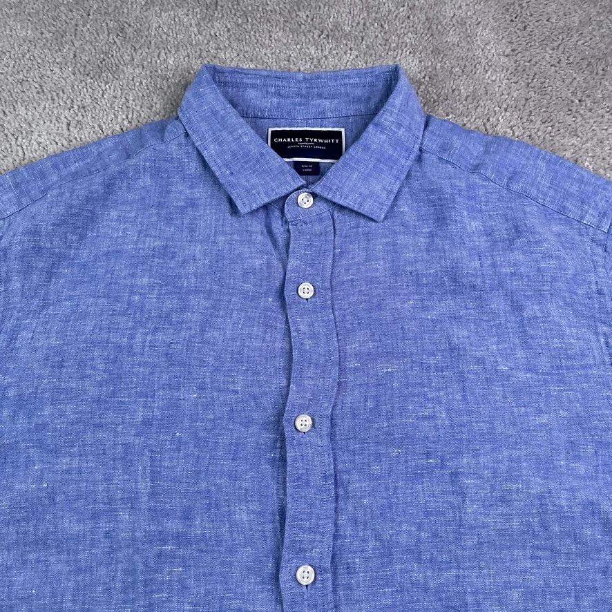 Camisa Charles Tyrwhitt Para Hombre Grande Azul Lino Cambray Calce Ajustado Mangas Largas Foto 3 de 4