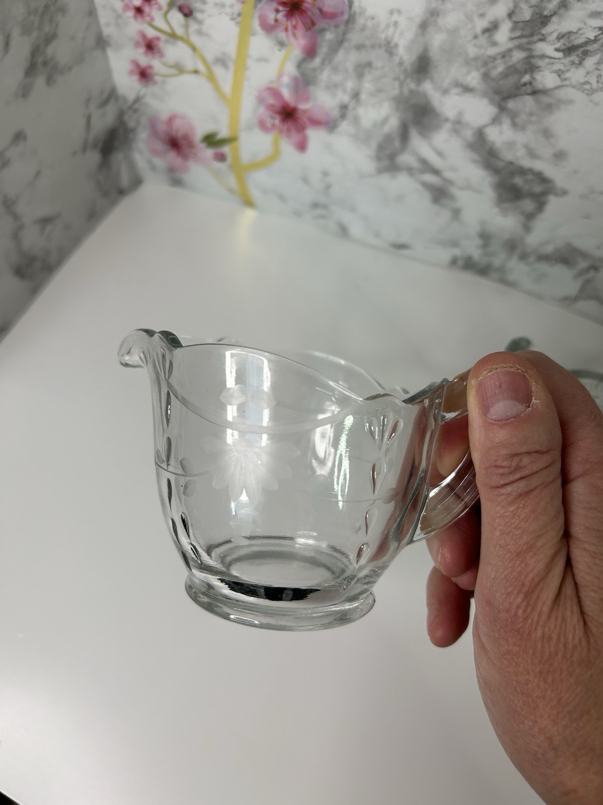 Vintage Glass Creamer & Open Sugar Set Etched Clear Floral Replacement Creamer