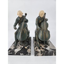 Pair 1932 J.b. Hirsch Cellist Bookends Bronze Marble Ivorine Heads J Ruhl Design Pair 1932 J.b. Hirsch Cellist Bookends Bronze Marble Ivorine Heads J Ruhl Design