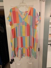 BIBI Women's Large Multicolor Colorblock V-Neck Short Sleeve Dress Ruffle