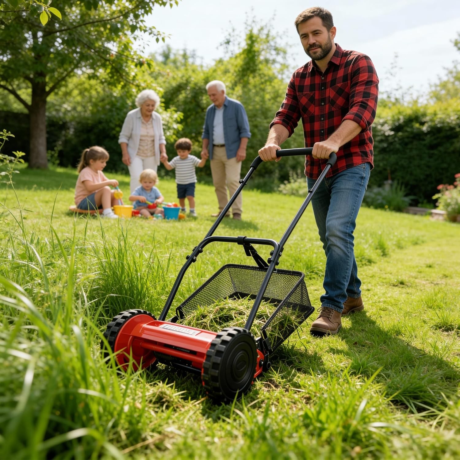 16 inch Manual Reel Lawn Mower, Push Mower with 5 Steel Blades & Grass Collector