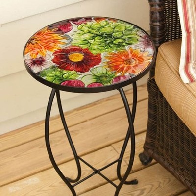 Outdoor-Safe Round Summer Splash Glass and Metal Side Table - 12'' L x 12'' W x...
