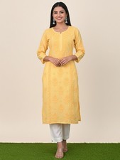 Yellow Chanderi Chikankari Straight Kurti Ethnic Wear Handmade Kurta