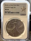 2024 W ASE American Silver Eagle MS69 West Point Mint NGC Graded Slab S$1
