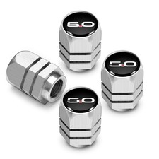 Ford Mustang 5.0 In Black On Silver Chrome Hexagon Aluminum Tire Valve Stem Caps