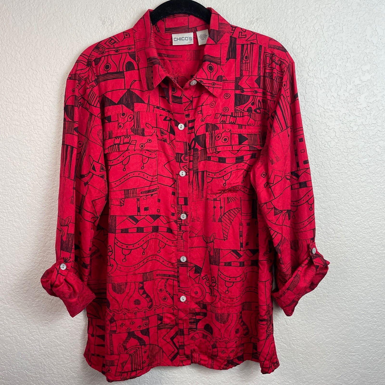Chicos Tunic Top Large Red 100% Silk Artsy Long Sleeve Button Up Blouse Shirt