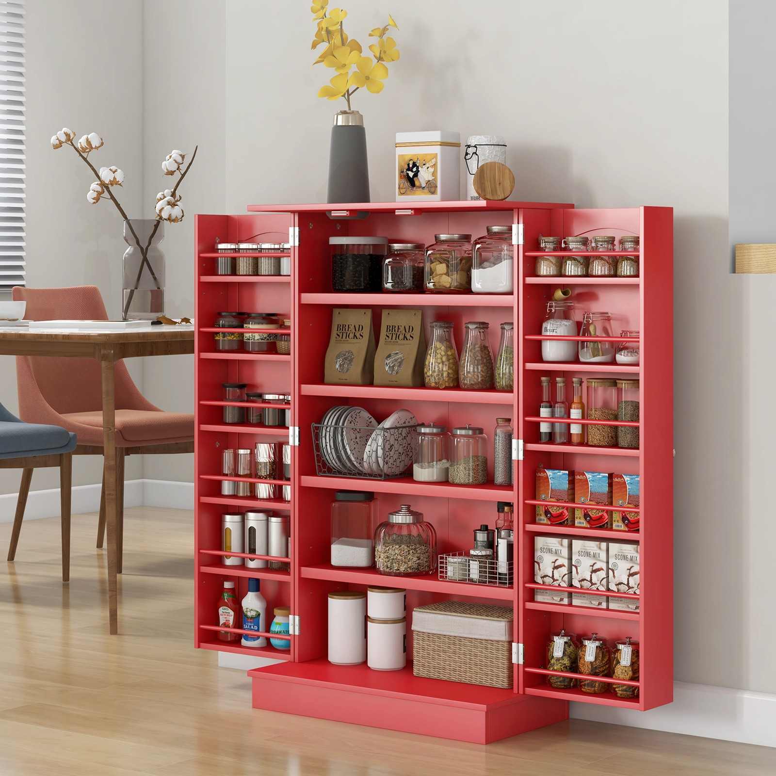 Kitchen Pantry Storage Cabinet w/ 5-tier Shelving, 12 Spice Racks, Red