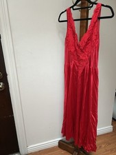 Vtg Sleeveless Nightgown Dress Silky Long Sweep Lace Accent Red