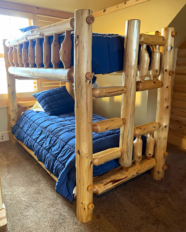 Rustic Log Wood TwinXL Over TwinXL Bunk Bed Frame, Built-In Ladder, Natural