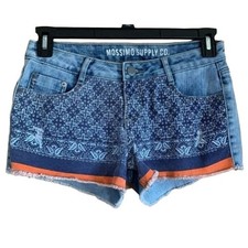 Mossimo Festival Shorts Blue Orange Print Light Wash Distressed Raw Hem Junior 7