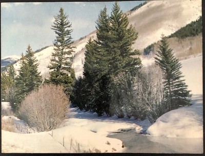 Vtg Hallmark Christmas Greeting Card Snow Covered Mountain Evergreens Stream