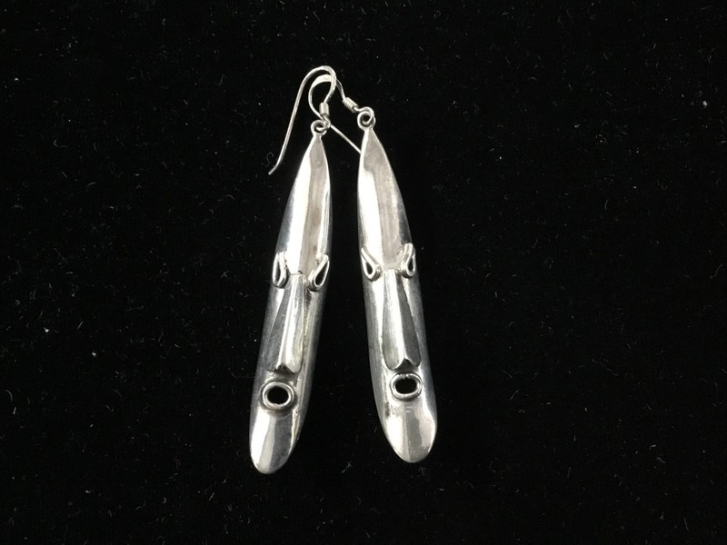 Vintage Sterling Silver - Long Tribal Face Mask Dangle Earrings - 12.8 grams