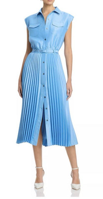 $475 Elie Tahari Women's Natalya Blue Sleeveless Belted Shirt Dress Size S NWT