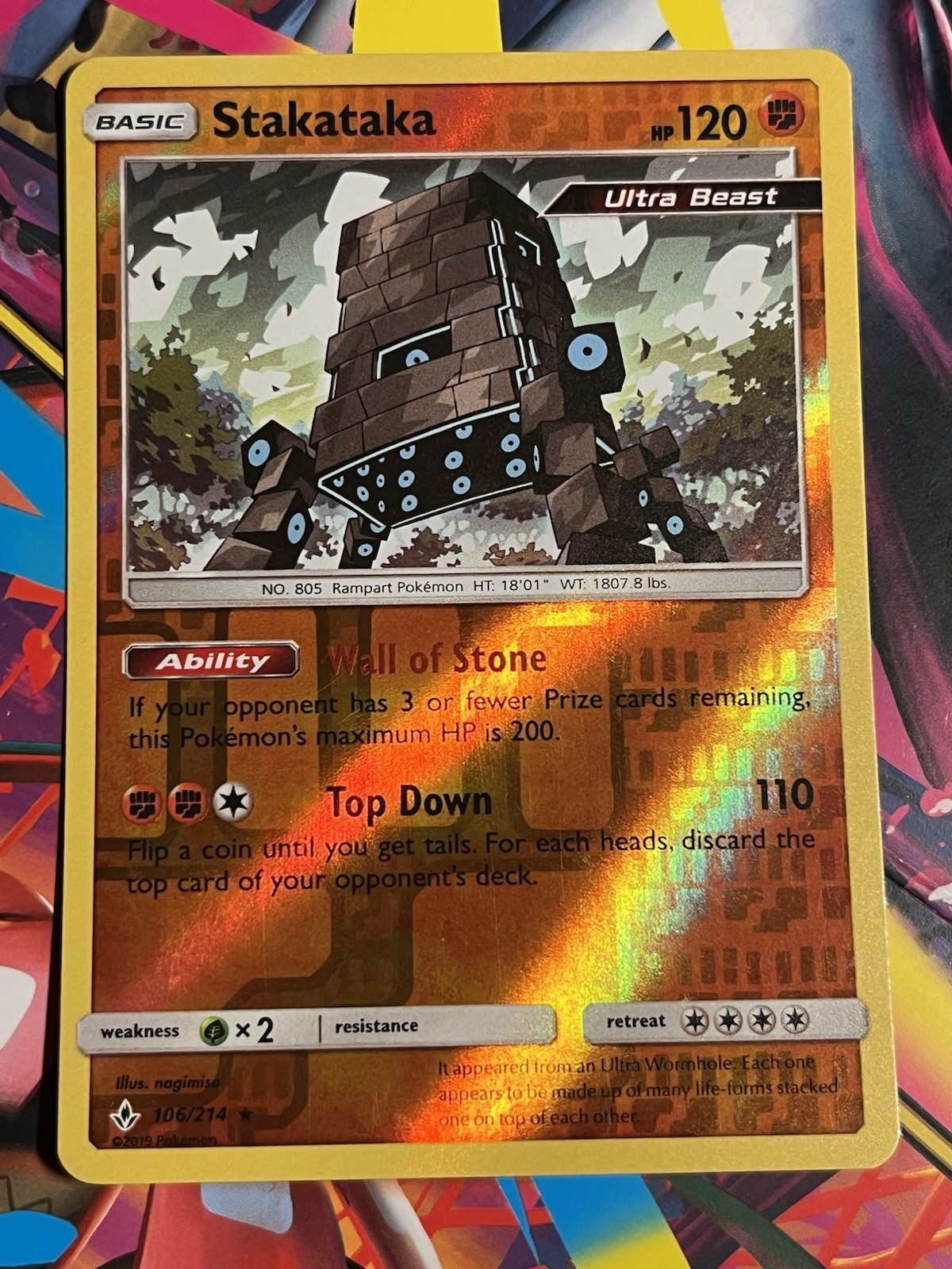 Pokemon TCG SM Unbroken Bonds 106/214 Stakataka Reverse Holo Rare Card NM