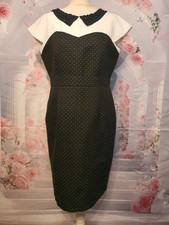 Izabella Black & White Polka Dot Pencil Dress Uk 16 Beaded Collar, Vintage Style
