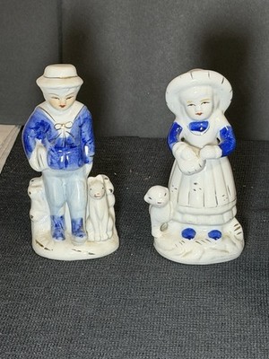 1940s Porcelain Delftware Little Boy Blue & Mary Had a Little Lamb Figurine Pair