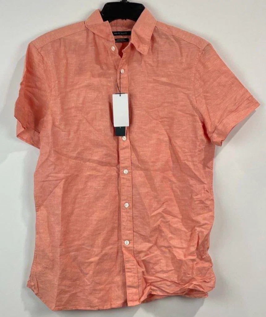 Perry Ellis Monarch Men's Button Up Short Sleeve Shirt Linen Blend Size S Orange