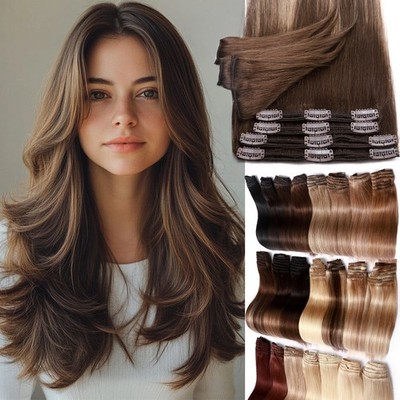 Clip In 8PCS Thick 100% Human Hair Extensions Real Remy Double Weft FULL HEAD US