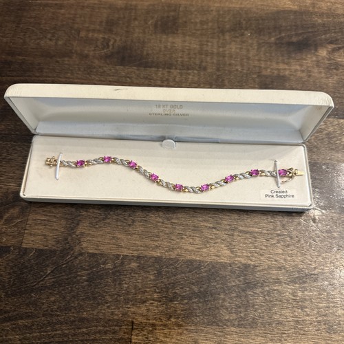 18K Gold Over Sterling Silver Pink Sapphire W/Diamond Accents Bracelet Orig. Box