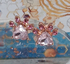 Golden color Cat Paw Print Stud Earrings featuring Pink Crystal Zirconia Studs