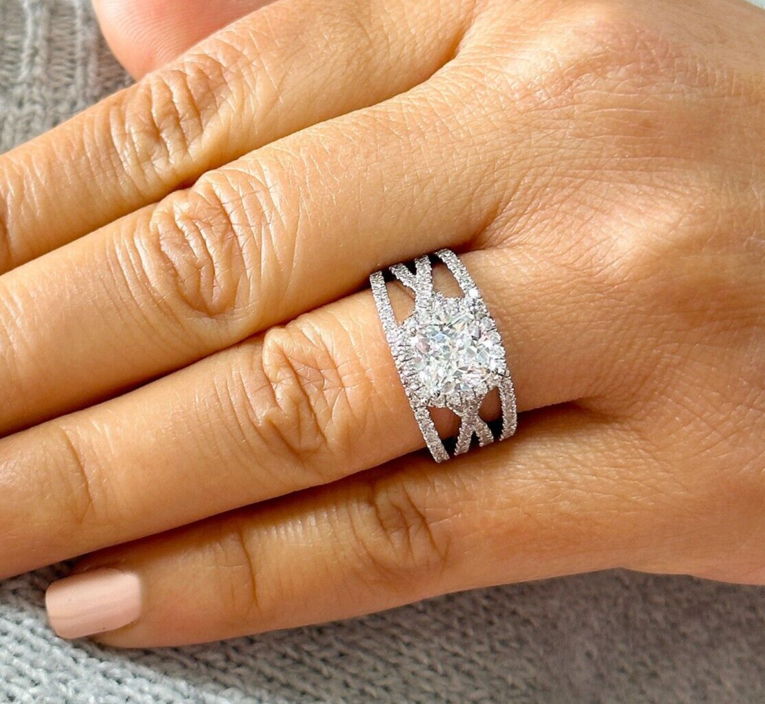 IGI Certified 14k solid white gold cushion engagement ring and two bands 2.70ct