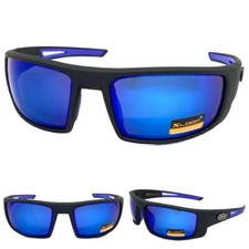 Men MOTORCYCLE Riding Biker Wrap Around Sporty SUN GLASSES Black Frame Blue Lens