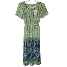 Coldwater Creek boho tie-dye smocked green midi dress size 6 Petite NEW