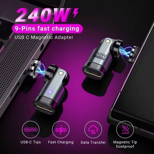 Convertisseur Magnétique USB C 9Pin Rotatif 540° 240W Charge Rapide avec Embouts Type C - Photo 9 sur 31