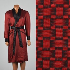 Medium 1950s Silky Robe Black Red Long Sleeve VTG Fathers Day Gift Belt Loops