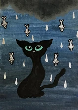ACEO Mini **Art Print** Black Grumpy Cat & Clouds Raining Fish by Saulite