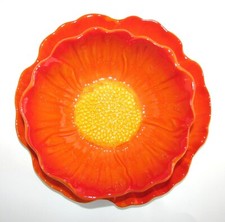 NEW 2 PC SET CERAMIC BRIGHT ORANGE FLOWER CEREAL,SOUP BOWL+SALAD,DESSERT PLATE