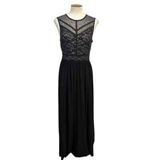 Nightway Black Tie Evening Gown Formal Maxi Dress Sz 8 Lined Mesh Lace Prom EUC