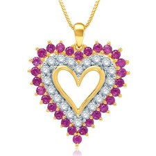 Valentine Gift Ruby and White Sapphires Triple Heart Pendant Necklace for Women
