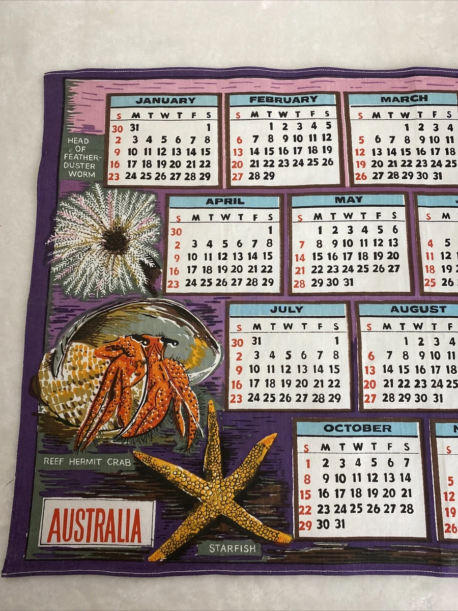 Vintage Pure Cotton Tea Towel 1972 Calendar Australia Souvenir Sea Life  Marine | eBay