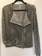 ET COMPAGNIE Gray Cotton Jacket Boho Biker 40 US 8 Asymmetric Zip Lace Sleeve